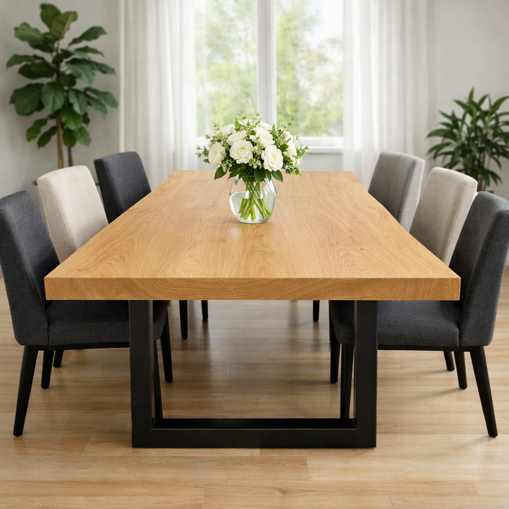 Solid Walnut Dining Table with Metal U-Leg Base – Modern Industrial Wood Table