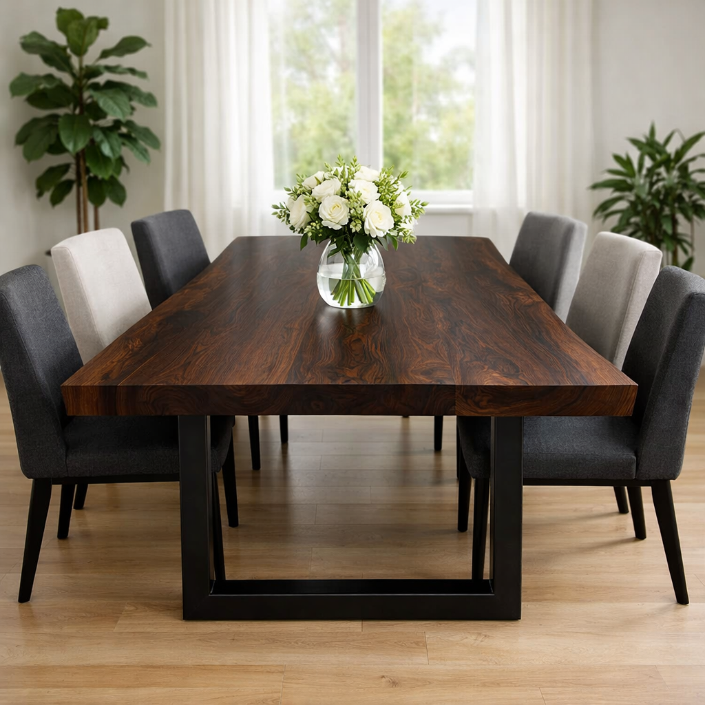 Solid Walnut Dining Table with Metal U-Leg Base – Modern Industrial Wood Table