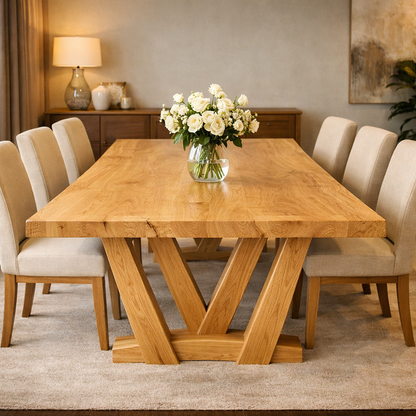 Solid Wood Dining Table with Thick Slab Top & Sculptural V Base Design