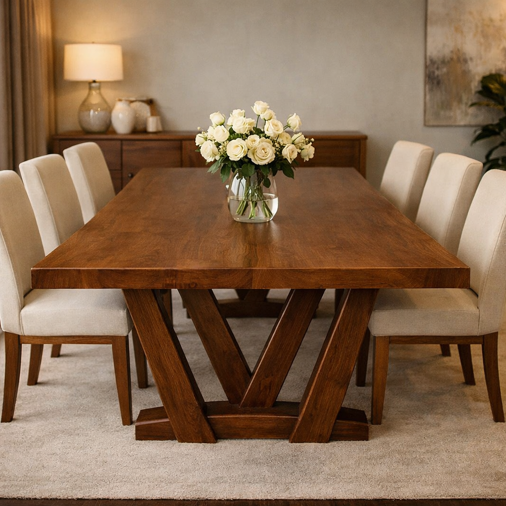 Solid Wood Dining Table with Thick Slab Top & Sculptural V Base Design