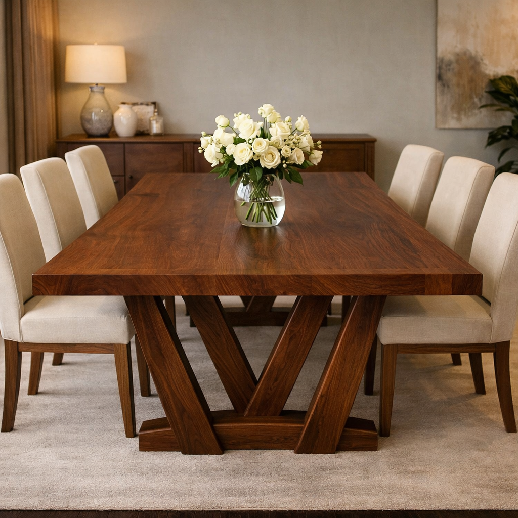 Solid Wood Dining Table with Thick Slab Top & Sculptural V Base Design