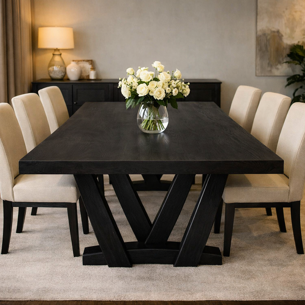 Solid Wood Dining Table with Thick Slab Top & Sculptural V Base Design