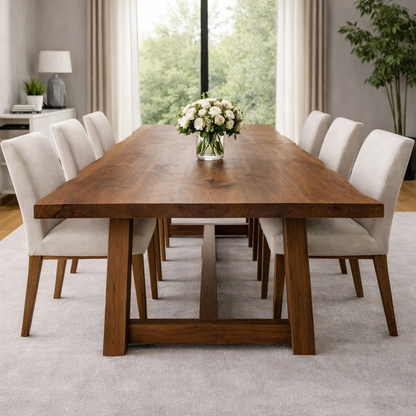 Solid Wood Dining Table with Trestle Base – Modern Farmhouse Walnut Table