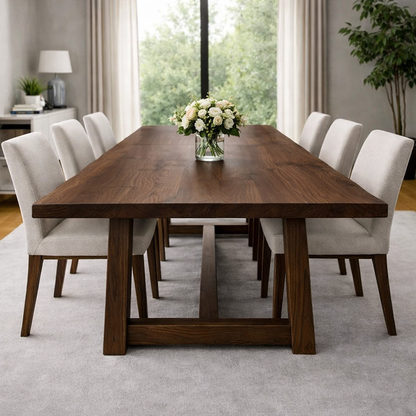 Solid Wood Dining Table with Trestle Base – Modern Farmhouse Walnut Table