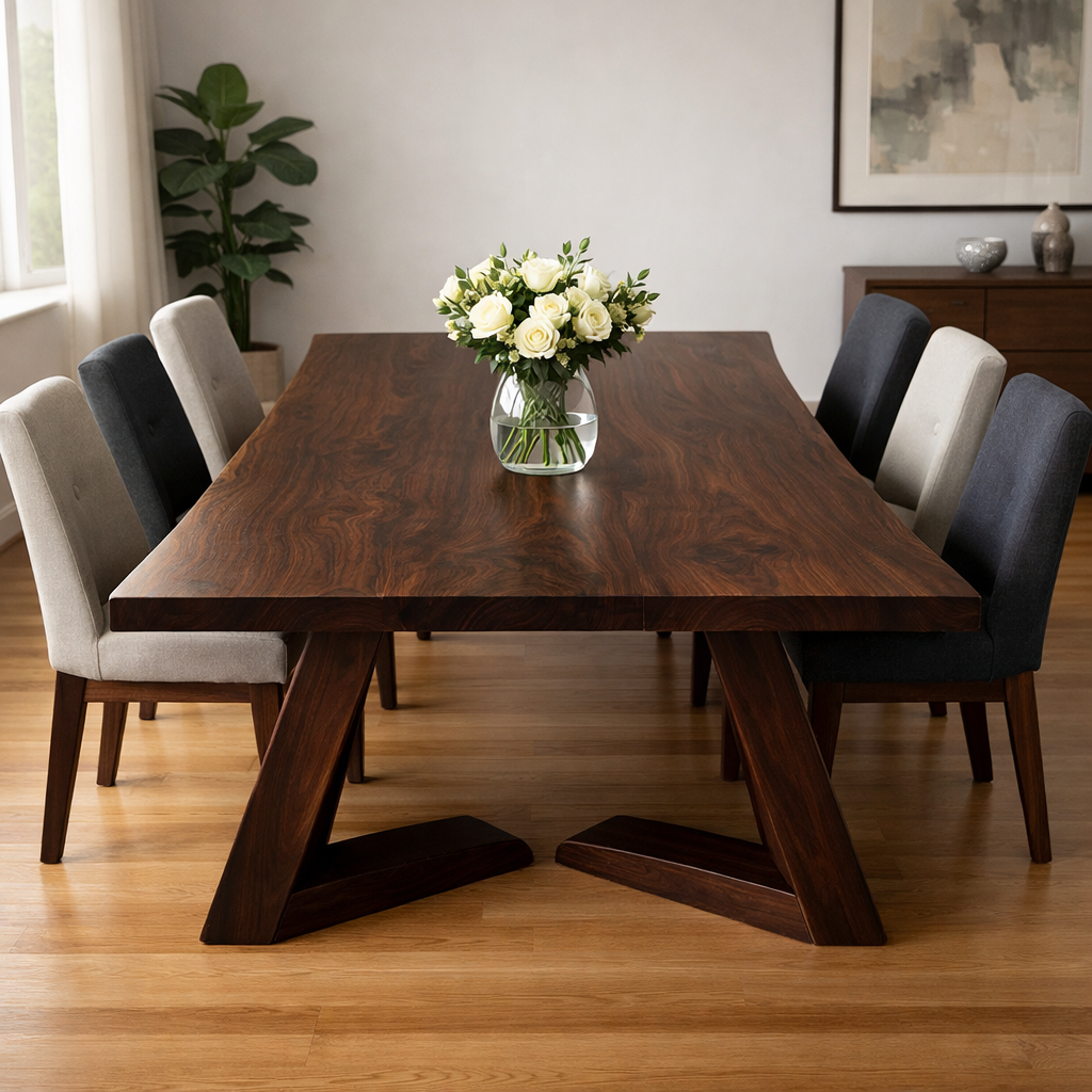 Solid Walnut Live Edge Dining Table with Sculptural Angled Base