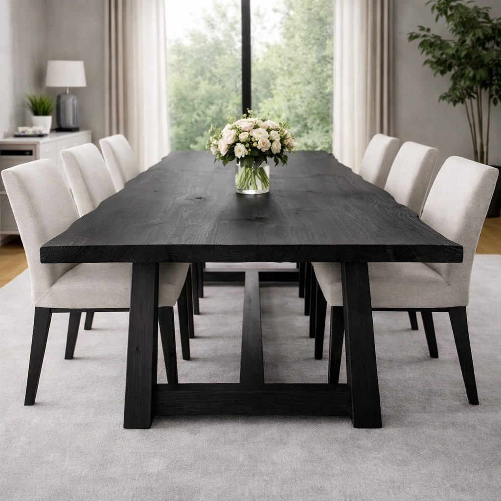 Solid Wood Dining Table with Trestle Base – Modern Farmhouse Walnut Table