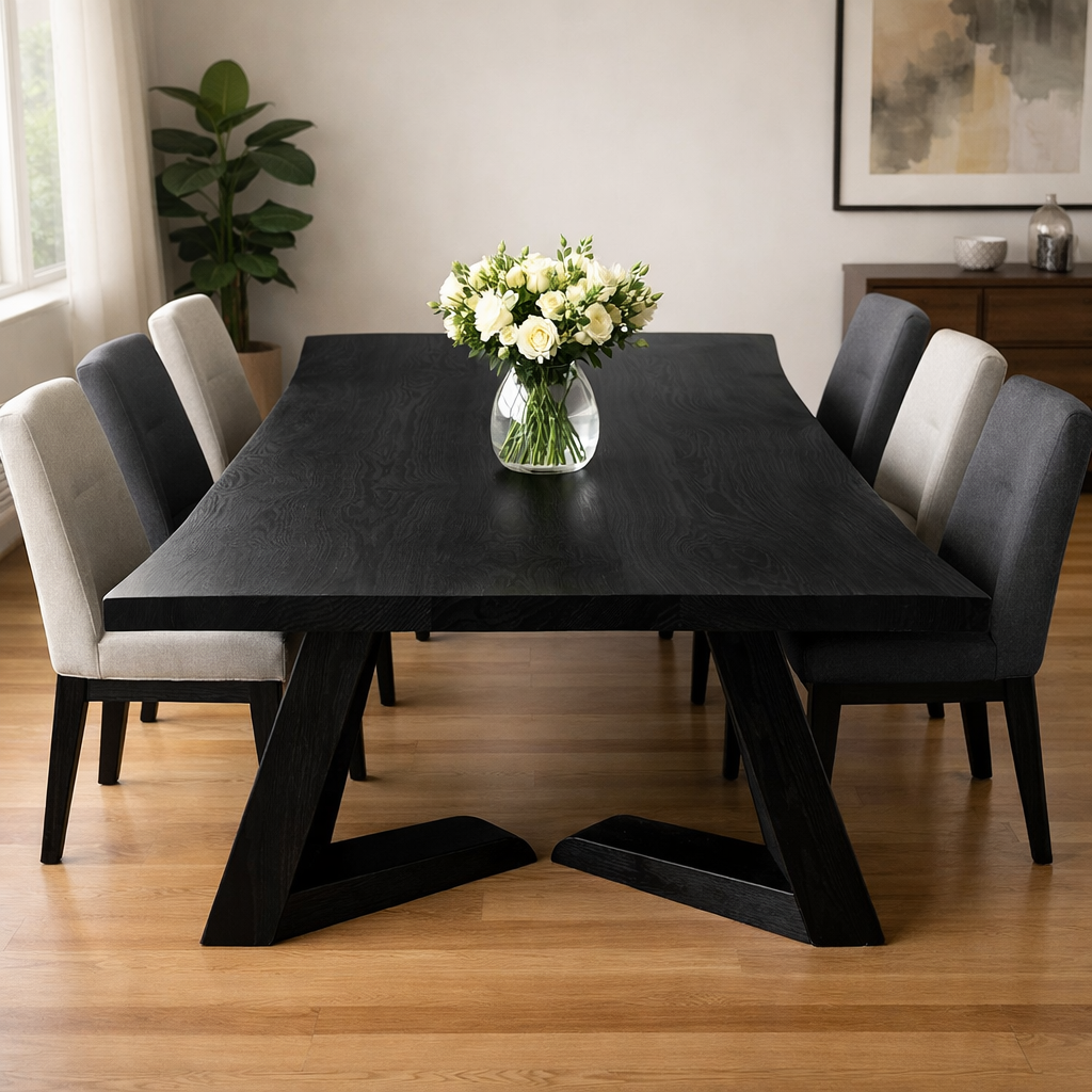 Solid Walnut Live Edge Dining Table with Sculptural Angled Base
