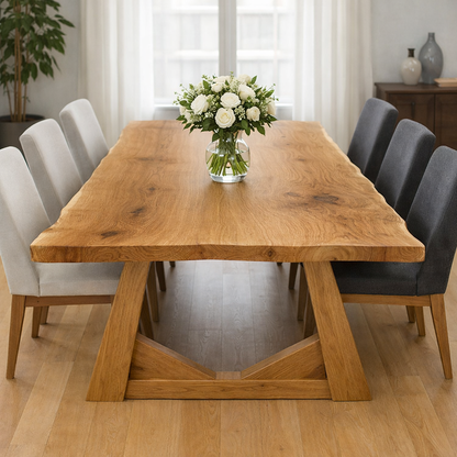Solid Oak Dining Table with Trestle Base – Natural Wood Farmhouse Table