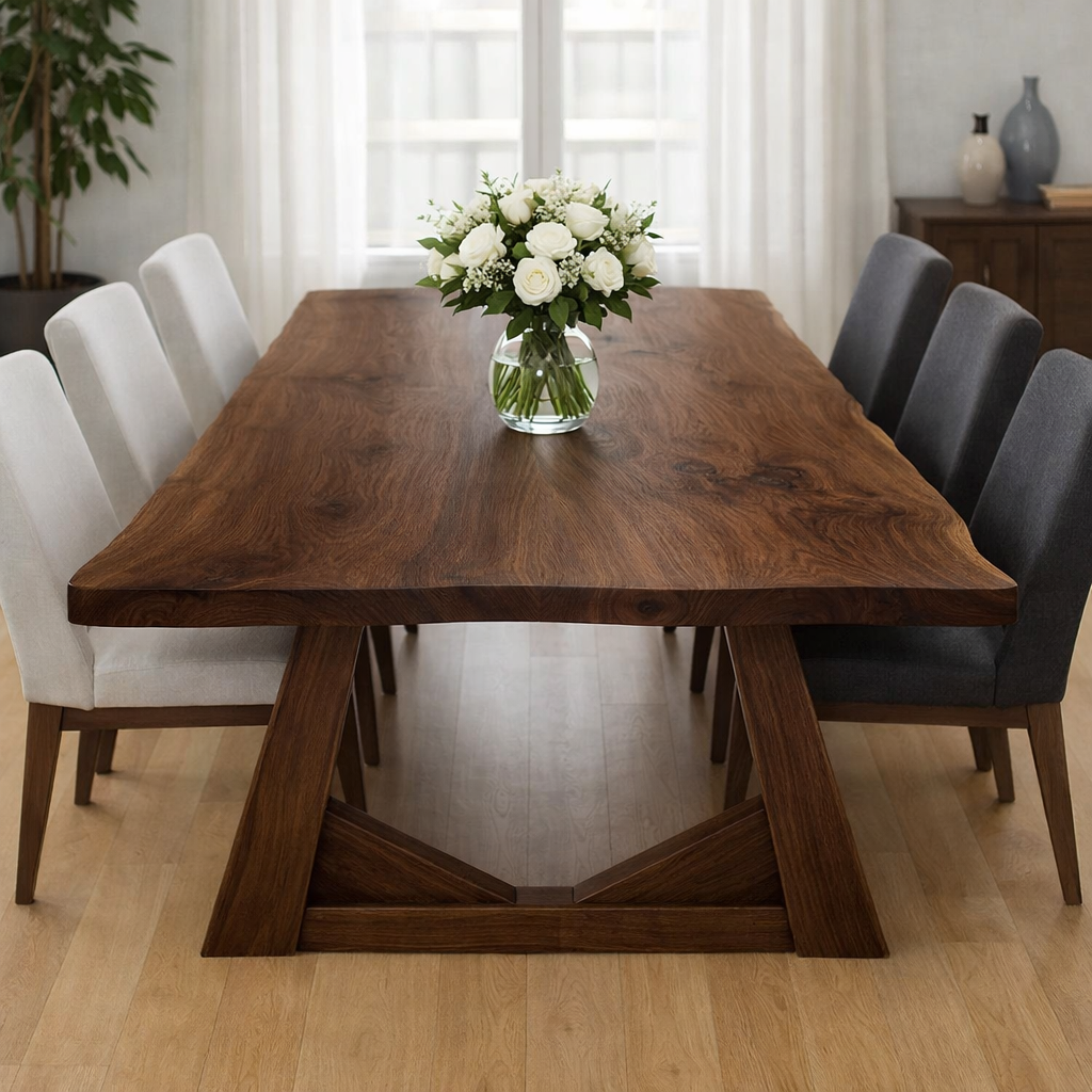 Solid Oak Dining Table with Trestle Base – Natural Wood Farmhouse Table