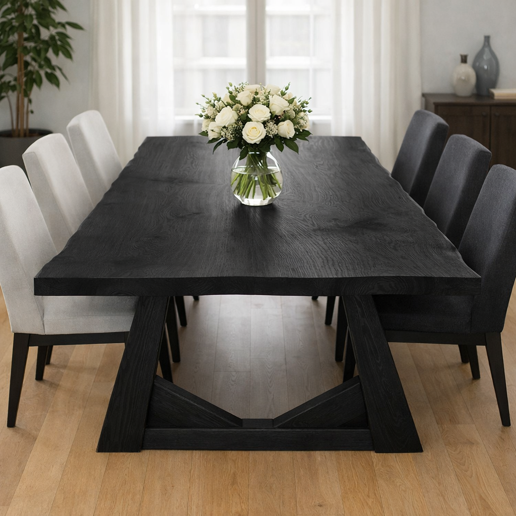 Solid Oak Dining Table with Trestle Base – Natural Wood Farmhouse Table