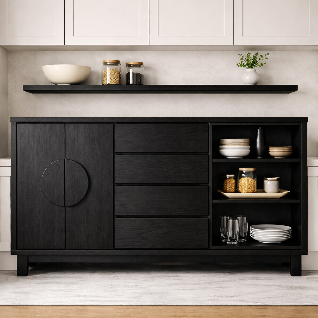 Solid Oak Kitchen Island with Round Handle Doors & Open Shelf Storage
