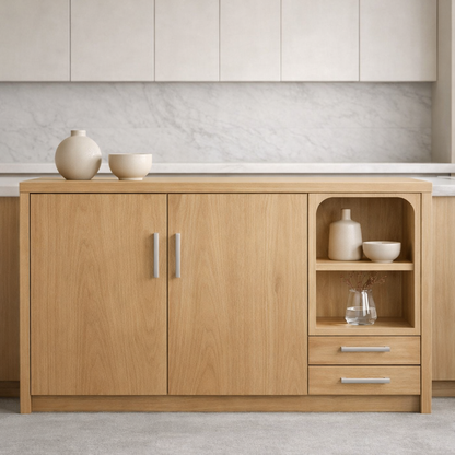 Solid Walnut Kitchen Island with Double Doors, Open Shelf & Drawer Storage