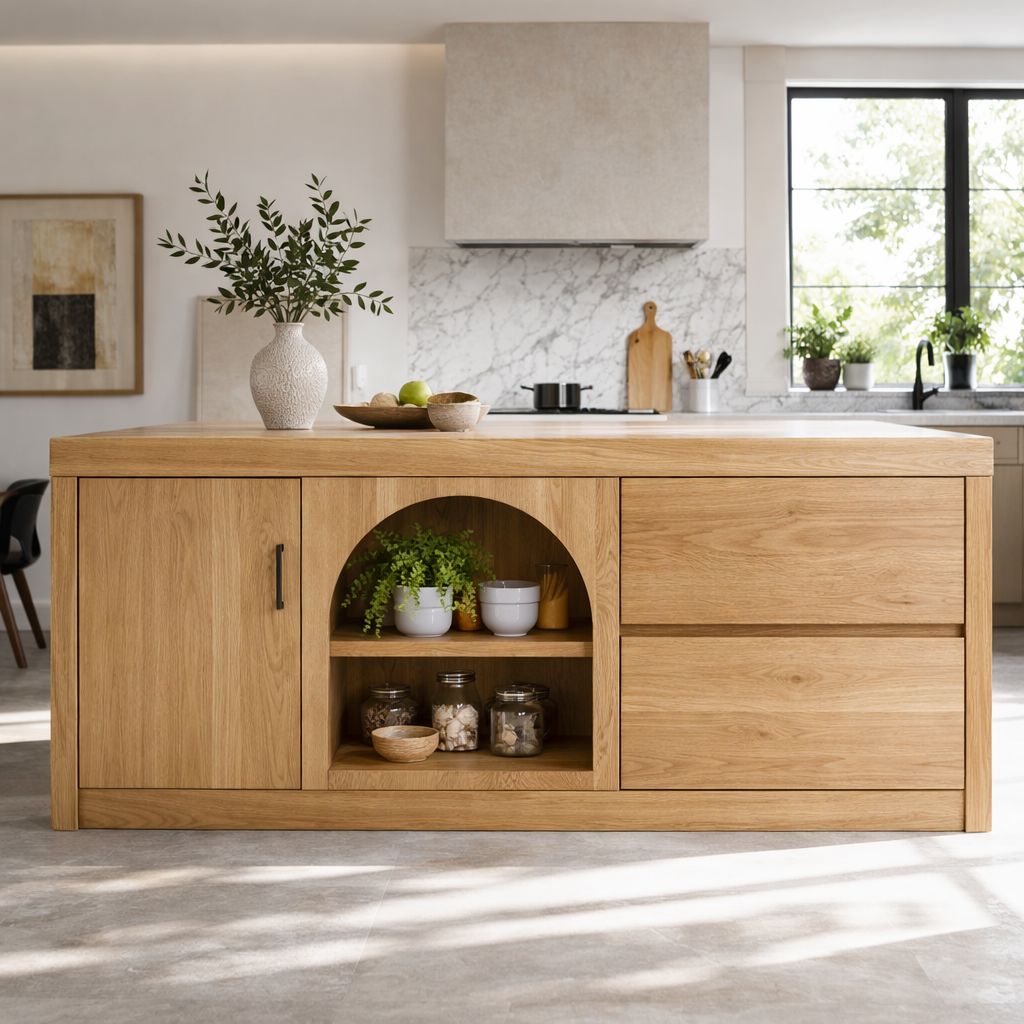 Solid Woood Kitchen Island with Arched Shelf, Drawer & Cabinet Storage