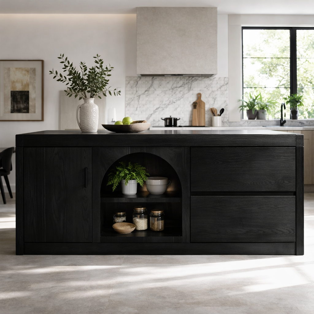 Solid Woood Kitchen Island with Arched Shelf, Drawer & Cabinet Storage