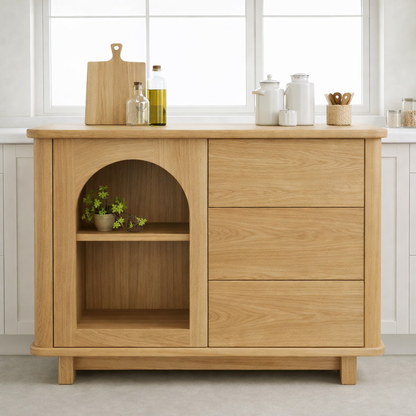 Solid Walnut Kitchen Island with Arched Open Shelf & Drawer Storage