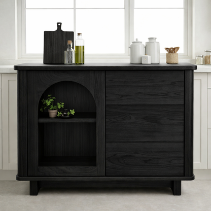 Solid Walnut Kitchen Island with Arched Open Shelf & Drawer Storage