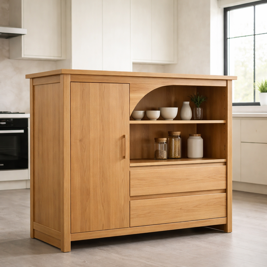 Solid Oak Kitchen Island with Arched Open Shelf & Drawer Storage