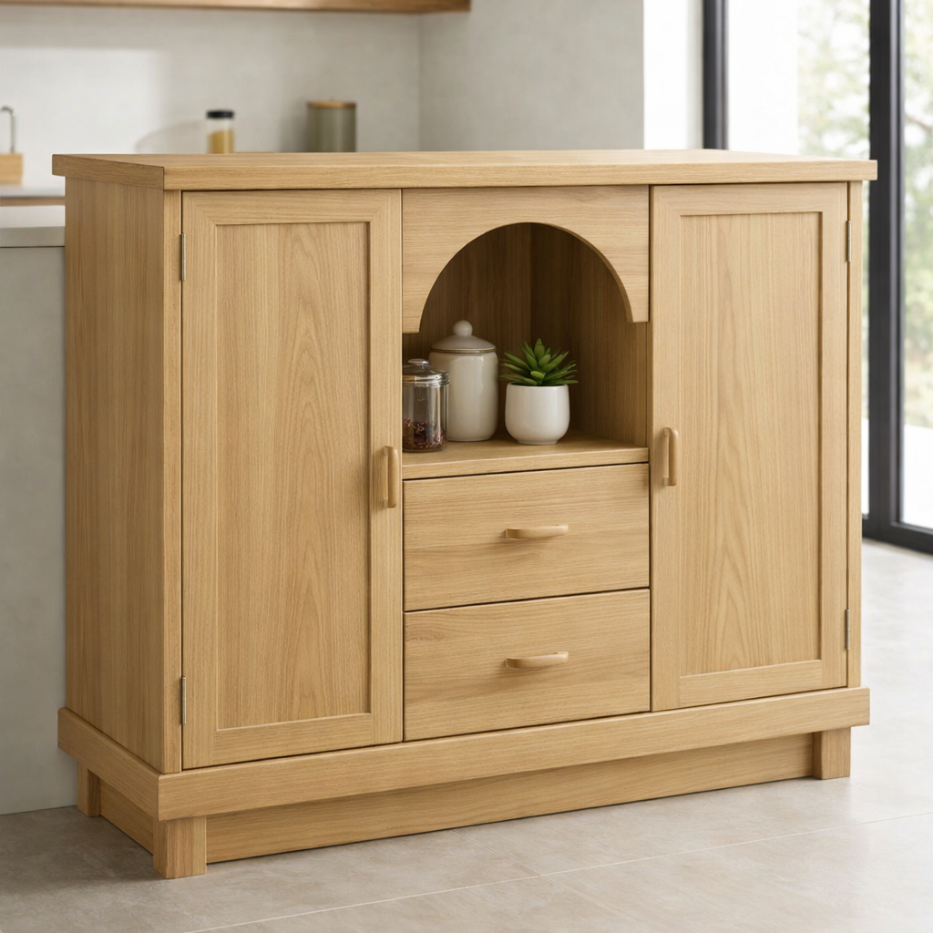 Solid Walnut Kitchen Island with Doors, Drawers & Arched Shelf