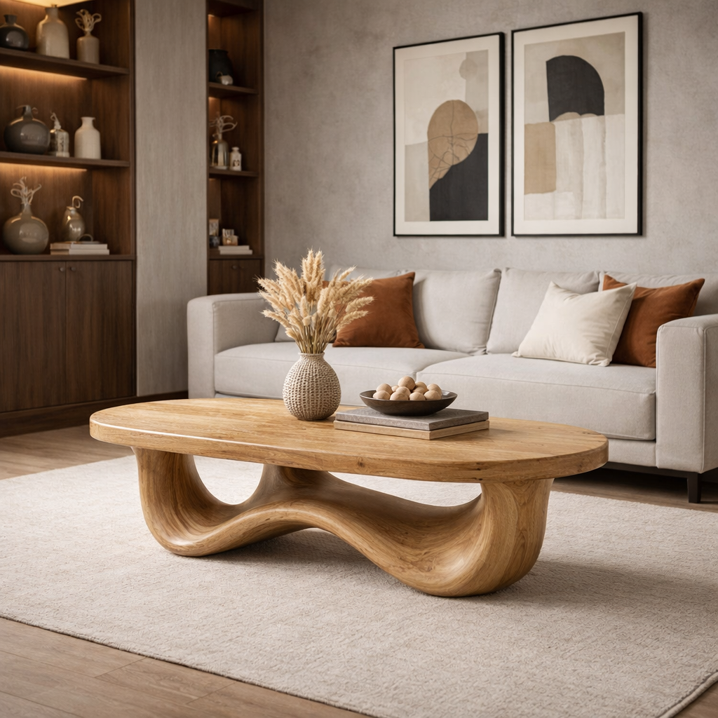 Solid Wood Oval Coffee Table with Sculptural Wave Base and Rustic Walnut Finish