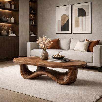 Solid Wood Oval Coffee Table with Sculptural Wave Base and Rustic Walnut Finish