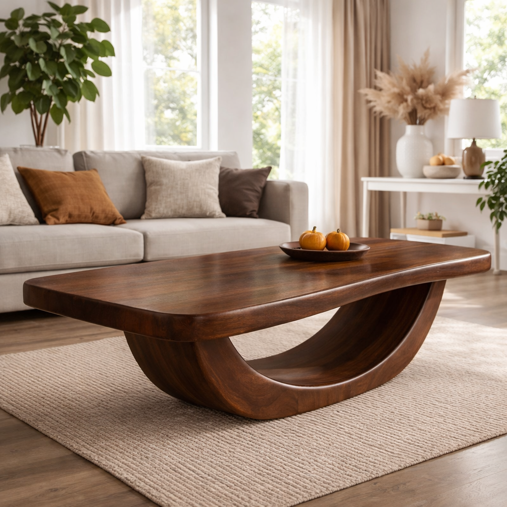 Solid Wood Coffee Table with Curved Sculptural Base and Thick Slab Top
