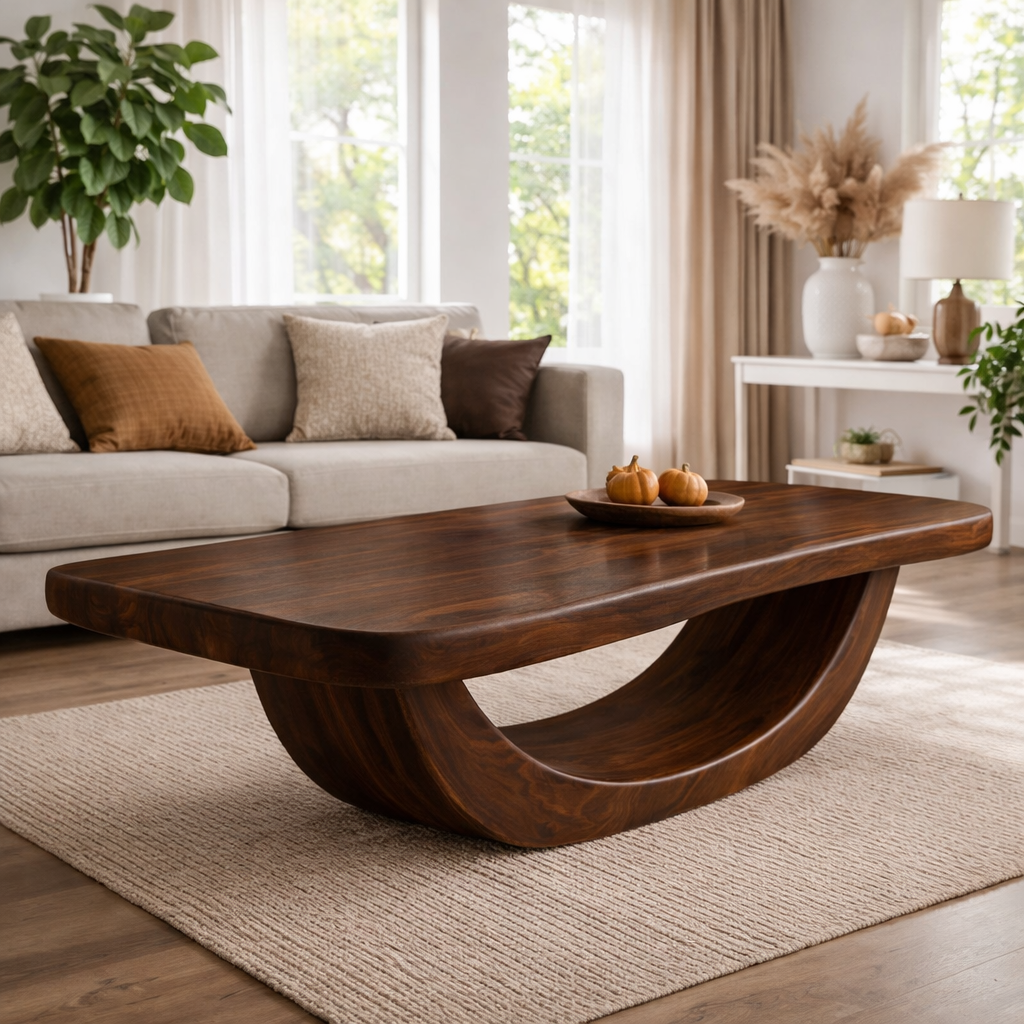 Solid Wood Coffee Table with Curved Sculptural Base and Thick Slab Top