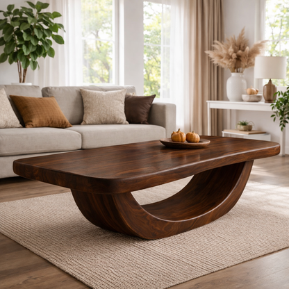 Solid Wood Coffee Table with Curved Sculptural Base and Thick Slab Top