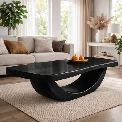 Solid Wood Coffee Table with Curved Sculptural Base and Thick Slab Top