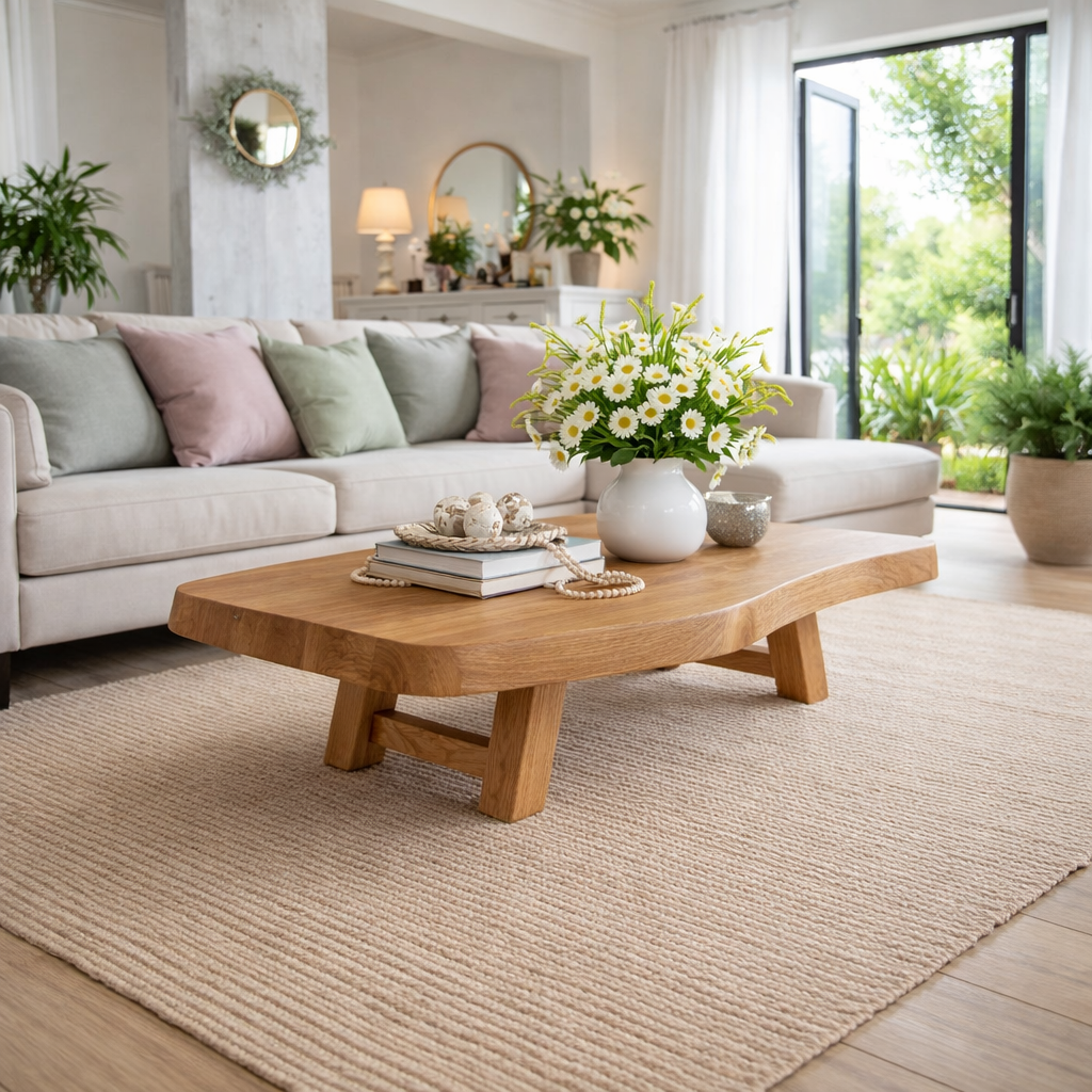 Solid Wood Coffee Table with Live Edge Top and Sculptural Base