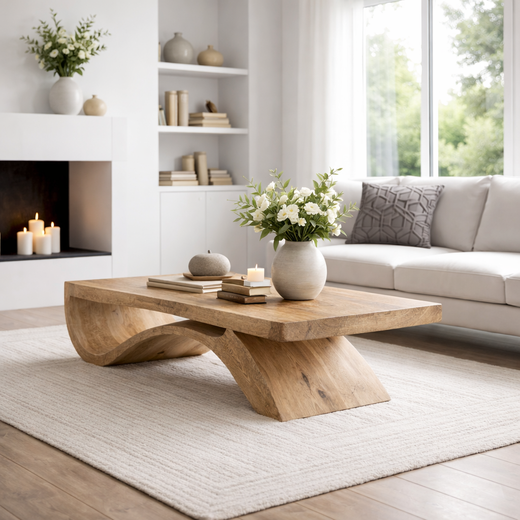 Solid Wood Coffee Table with Sculptural Base and Thick Slab Top