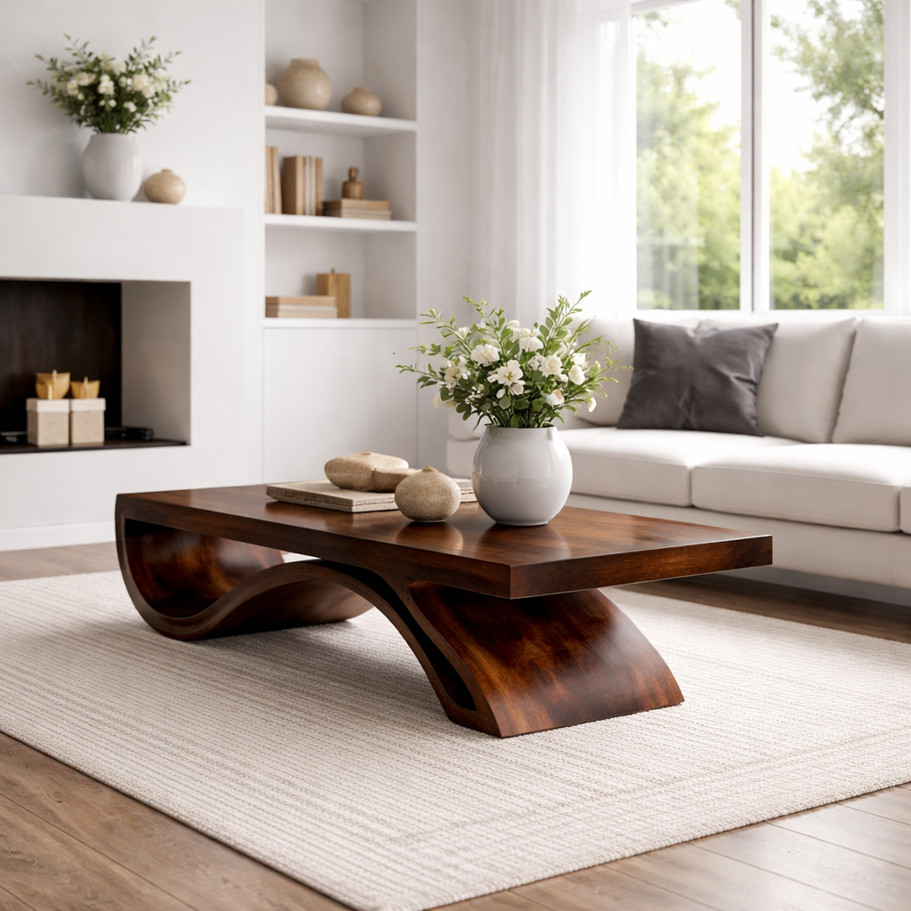 Solid Wood Coffee Table with Sculptural Base and Thick Slab Top