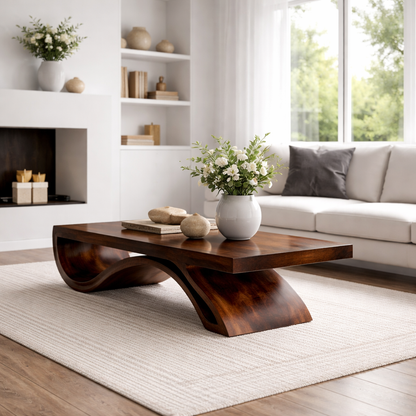 Solid Wood Coffee Table with Sculptural Base and Thick Slab Top