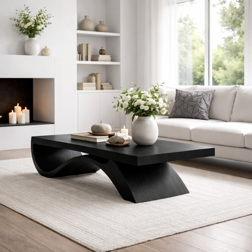 Solid Wood Coffee Table with Sculptural Base and Thick Slab Top