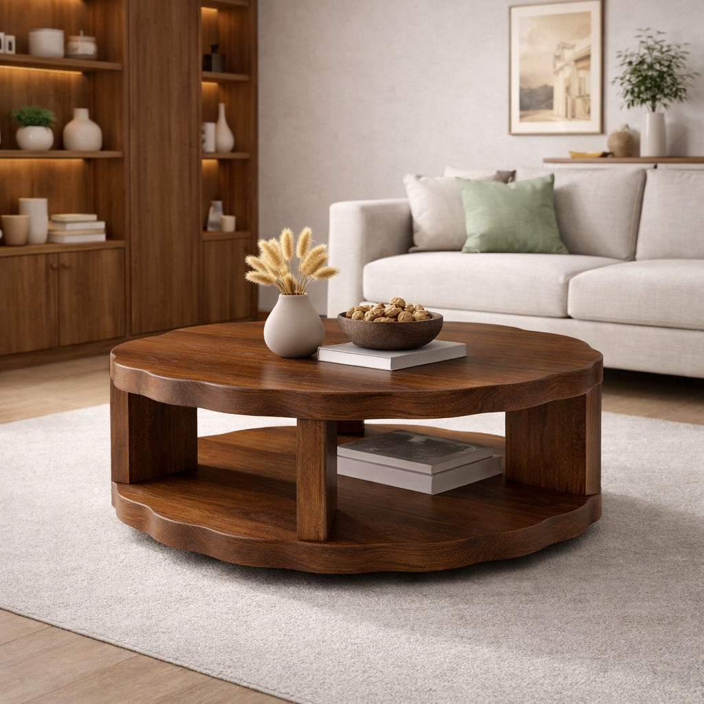 Round Solid Wood Coffee Table with Storage Shelf and Thick Slab Design