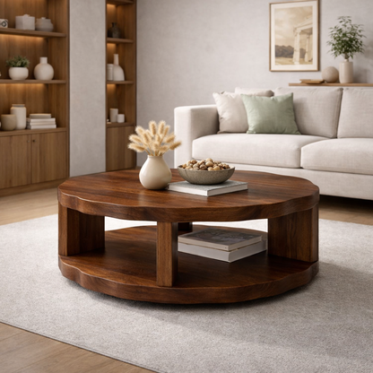 Round Solid Wood Coffee Table with Storage Shelf and Thick Slab Design