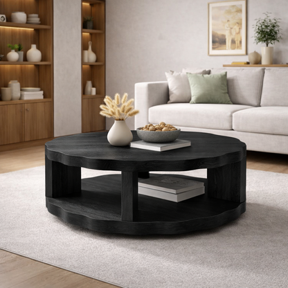 Round Solid Wood Coffee Table with Storage Shelf and Thick Slab Design