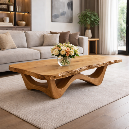 Live Edge Solid Wood Coffee Table with Sculptural Base and Natural Grain