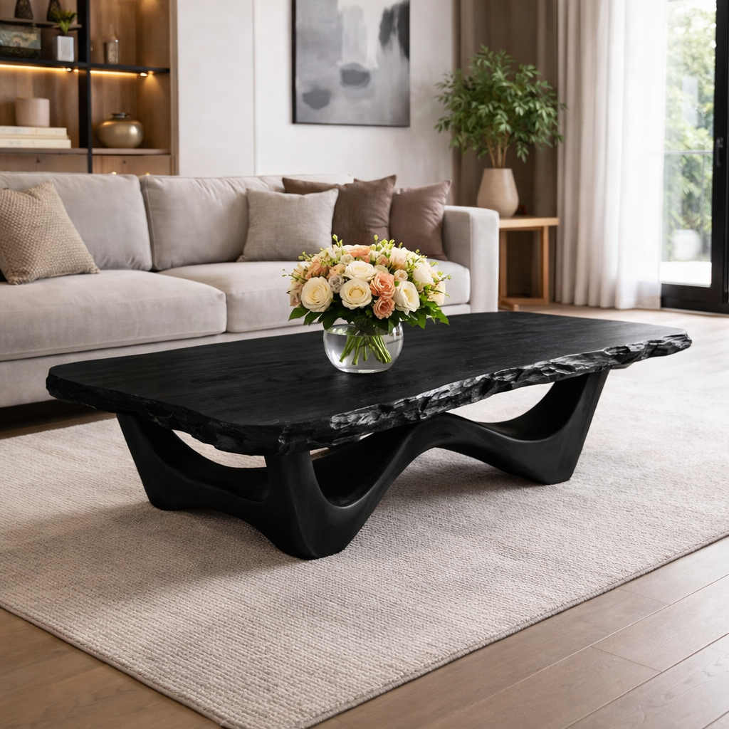Live Edge Solid Wood Coffee Table with Sculptural Base and Natural Grain