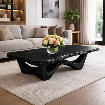 Live Edge Solid Wood Coffee Table with Sculptural Base and Natural Grain