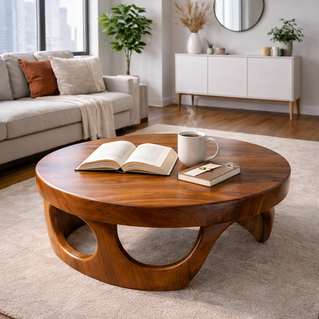 Round Solid Wood Coffee Table with Sculptural Base and Rich Walnut Finish