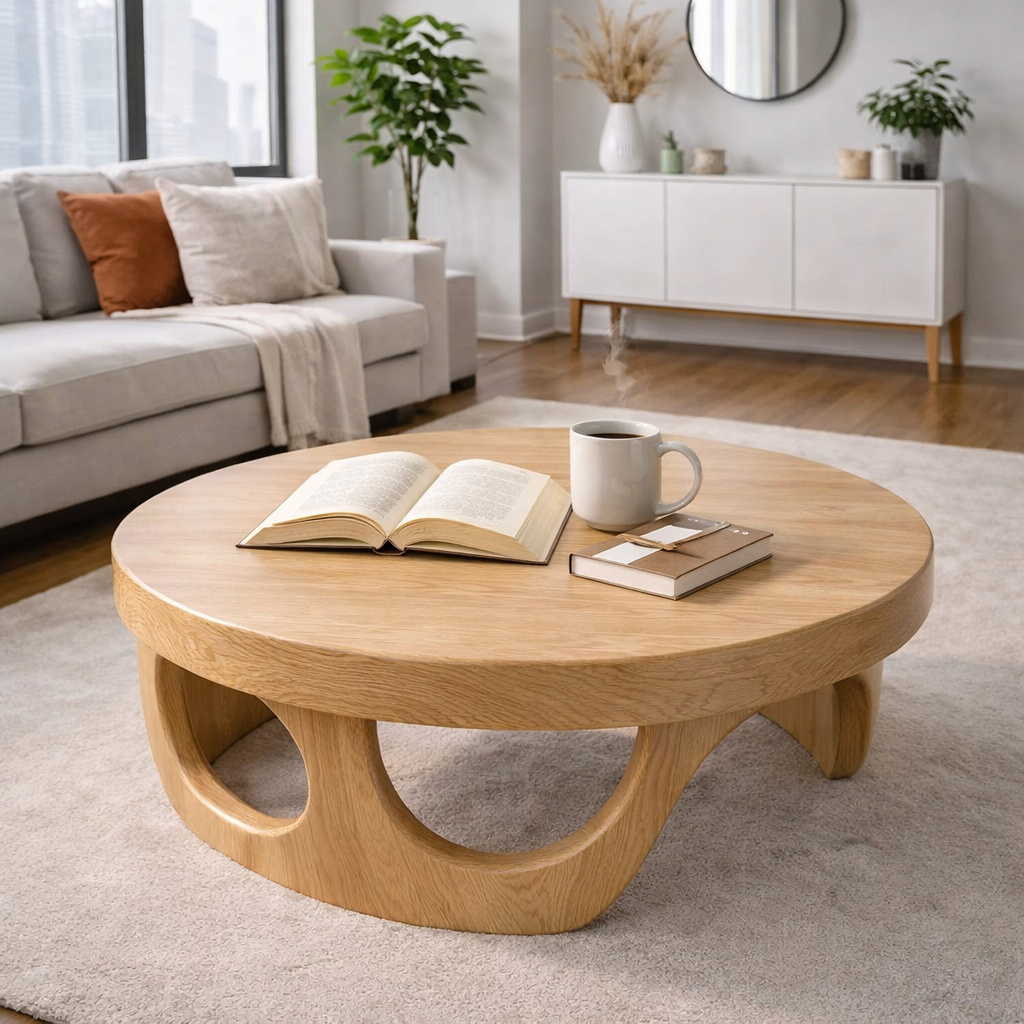 Round Solid Wood Coffee Table with Sculptural Base and Rich Walnut Finish