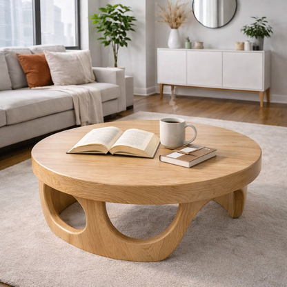 Round Solid Wood Coffee Table with Sculptural Base and Rich Walnut Finish