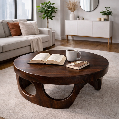 Round Solid Wood Coffee Table with Sculptural Base and Rich Walnut Finish
