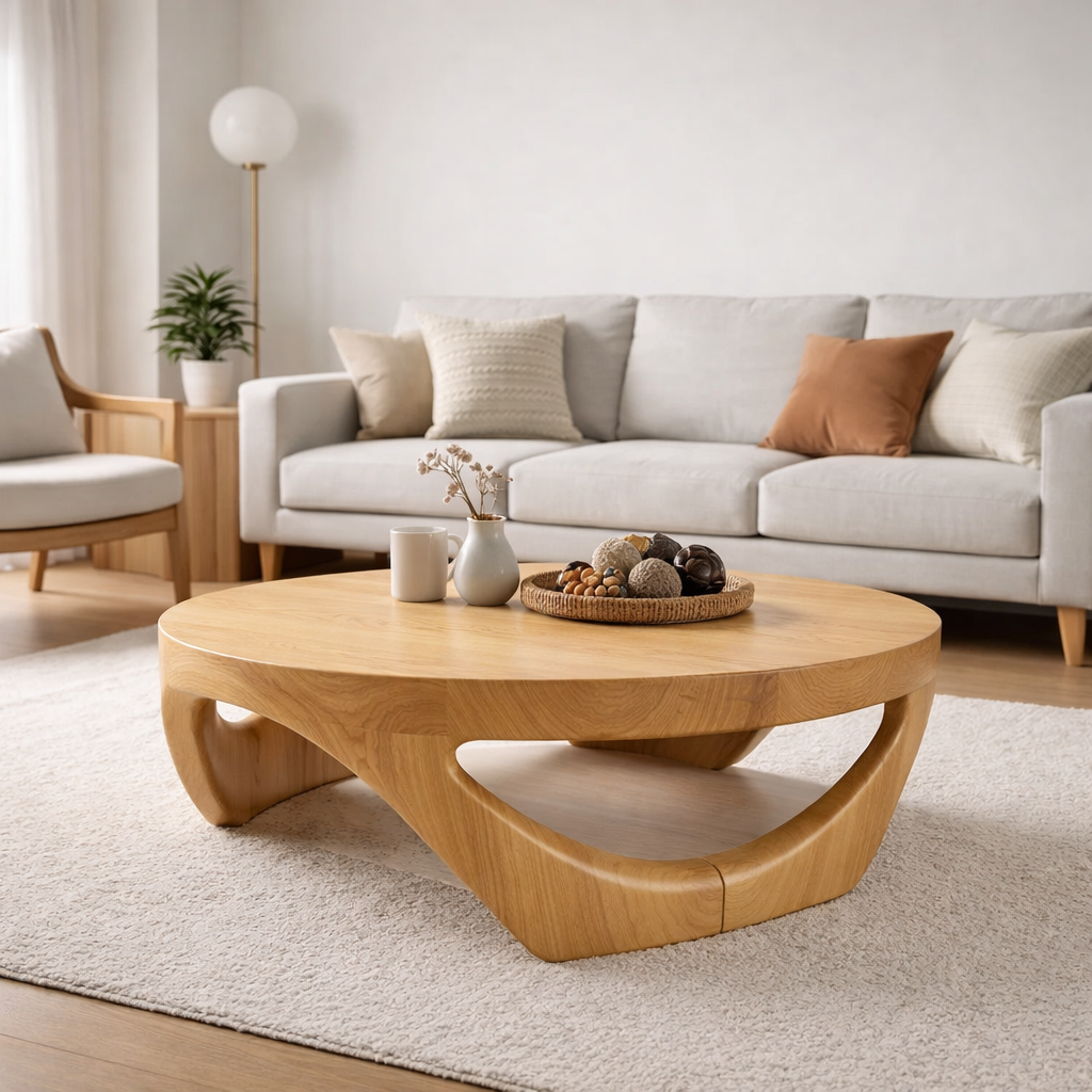Round Solid Wood Coffee Table with Sculptural Base in Deep Walnut Finish