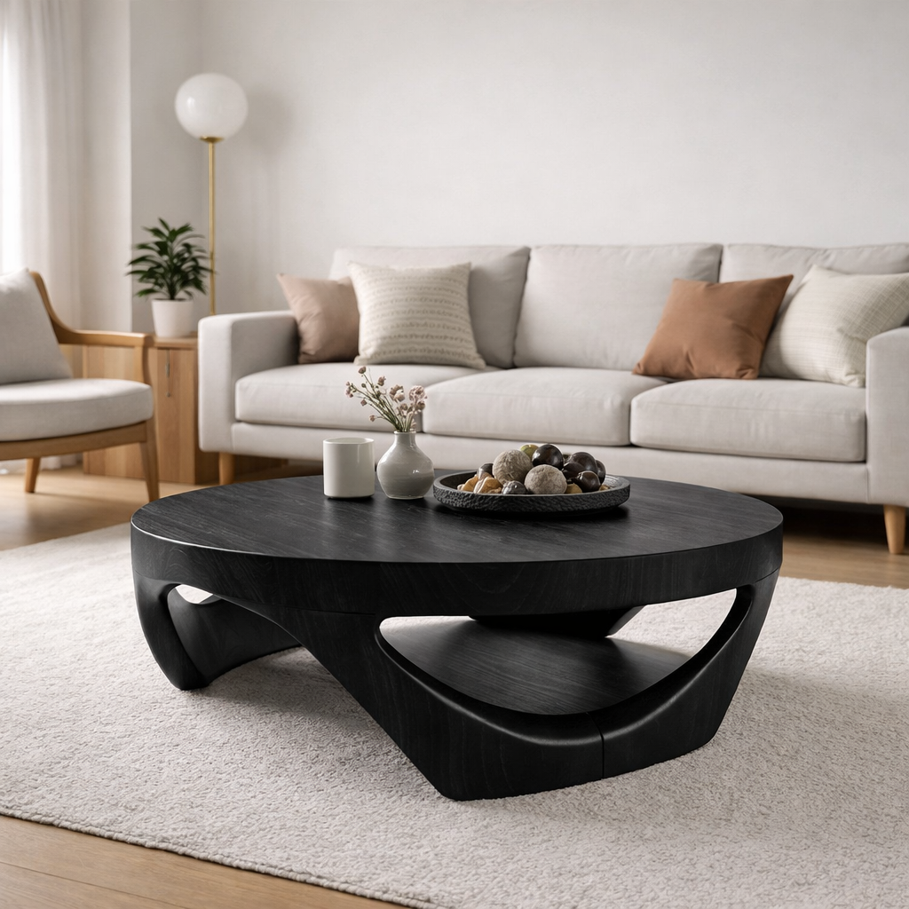Round Solid Wood Coffee Table with Sculptural Base in Deep Walnut Finish
