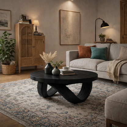 Round Solid Wood Coffee Table with Sculptural Curved Base in Warm Walnut Tone