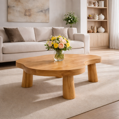 Live Edge Solid Wood Coffee Table with Chunky Legs in Warm Walnut Finish