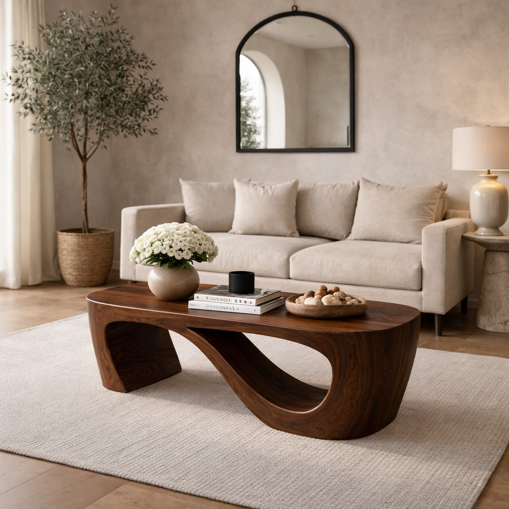 Solid Wood Coffee Table with Sculptural Curved Base and Organic Minimal Design