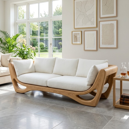 Modern Curved Wooden Sofa, Sculptural Minimalist Couch with Plush White Cushions