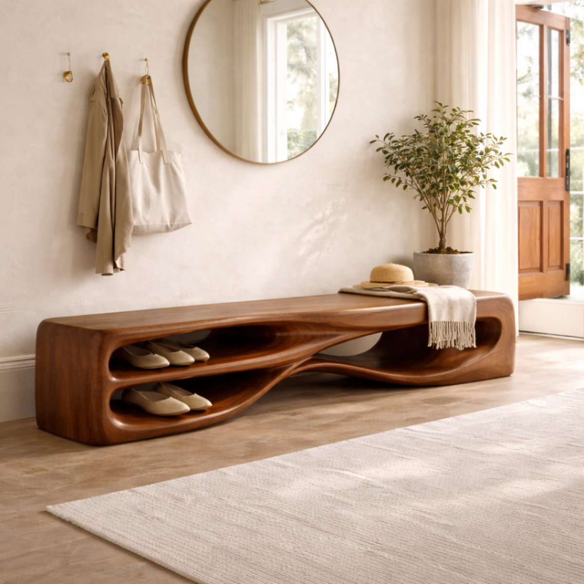 Modern Entryway Bench with Shoe Storage Sculptural Hallway Seat Statement Furniture